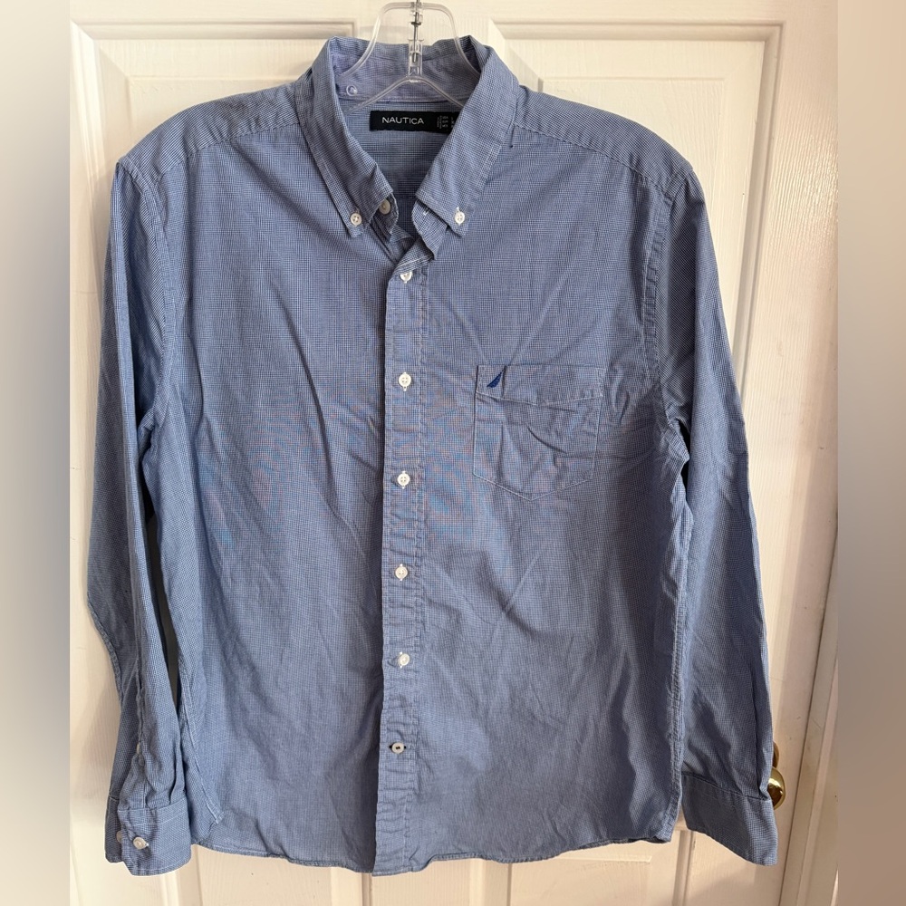 Nautica Men's L Cotton Blue White Micro-Gingham small Check Long Sleeve Shirt